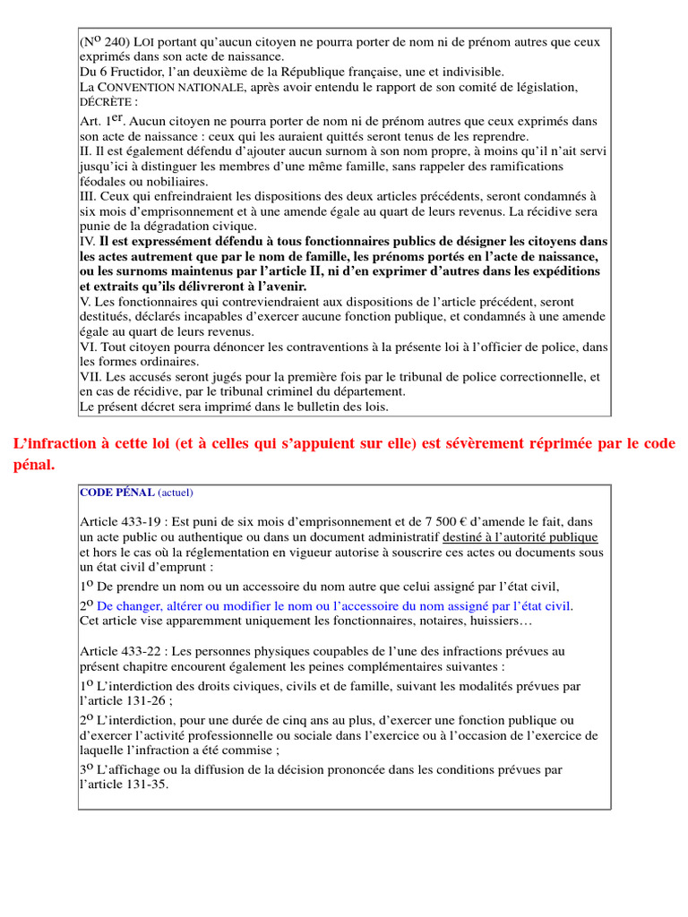 Interdiction de changer de nom légalement | PDF | Loi | Récidive en ...