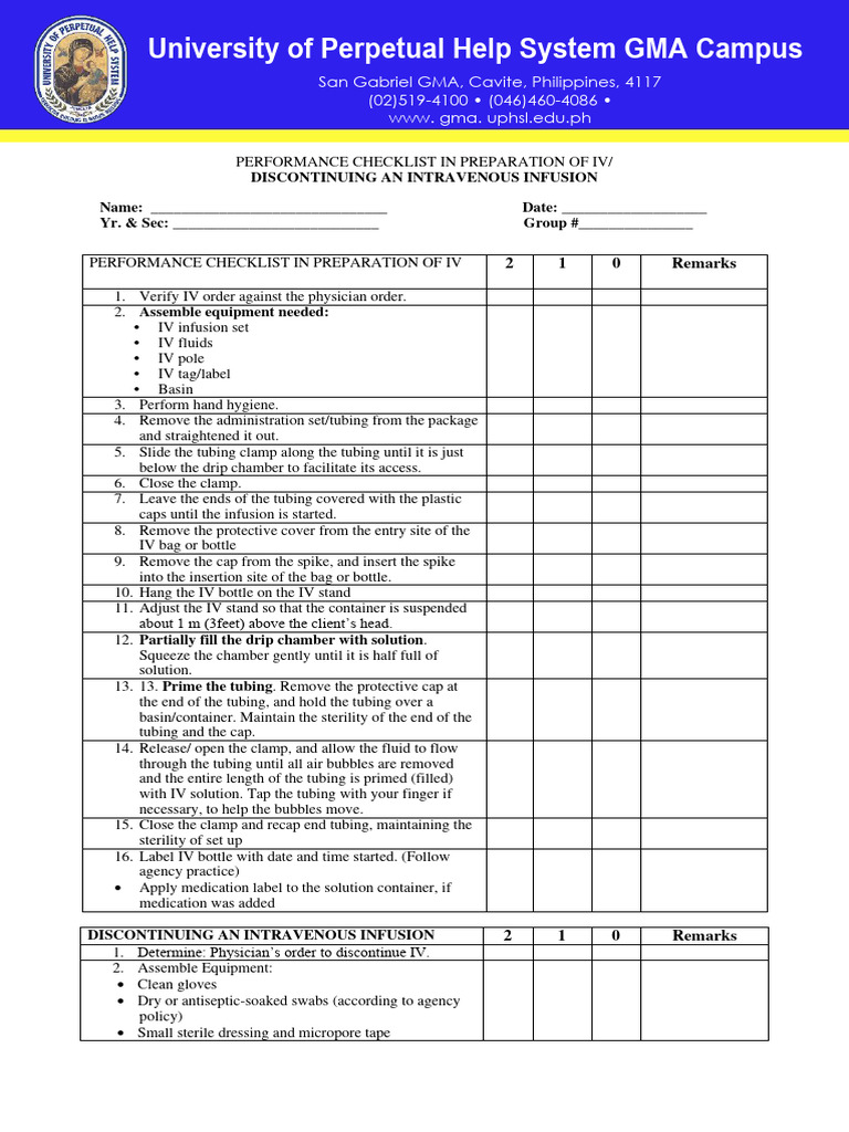 IV Infusion Preparation and Discontinuation Checklist | PDF ...