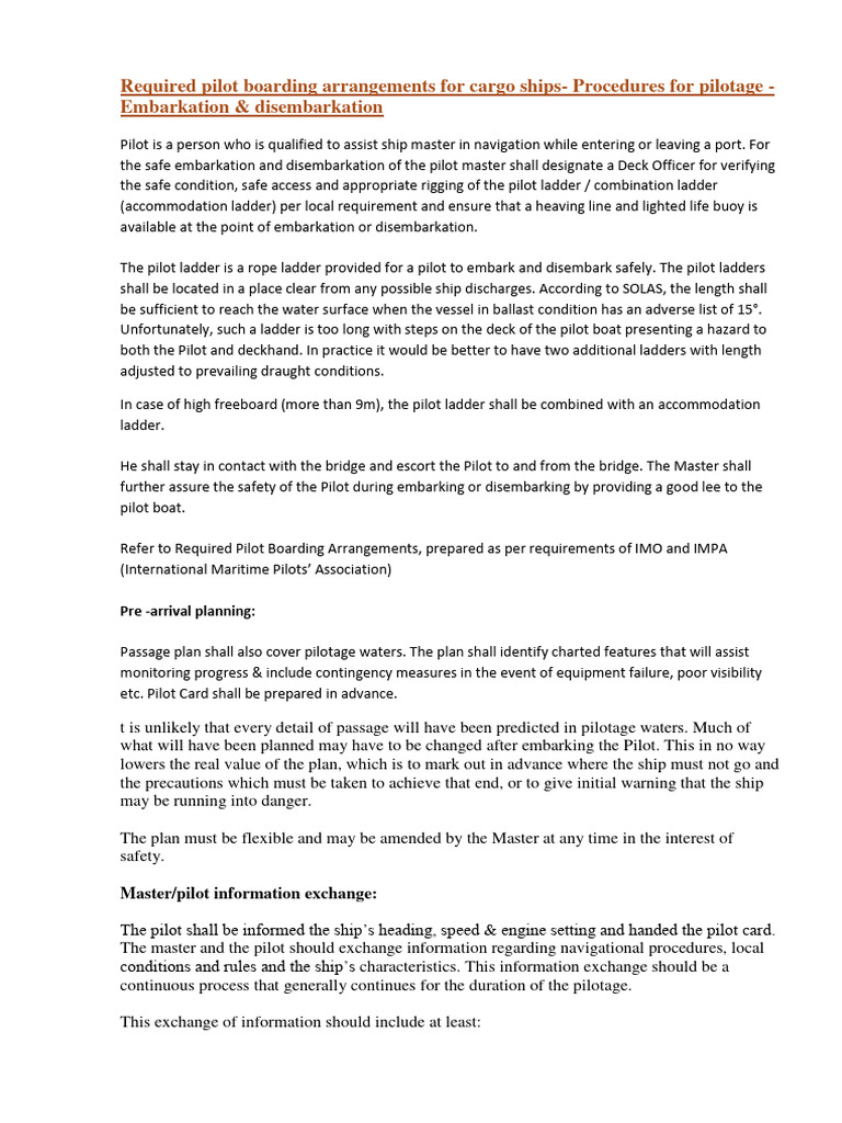 Required Pilot Boarding Arrangements For Cargo Ships PDF Maritime Pilot Transport