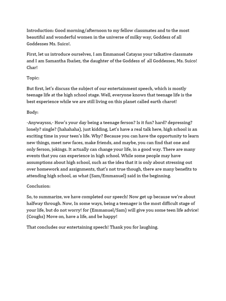 Script for Entertainment Speech PDF