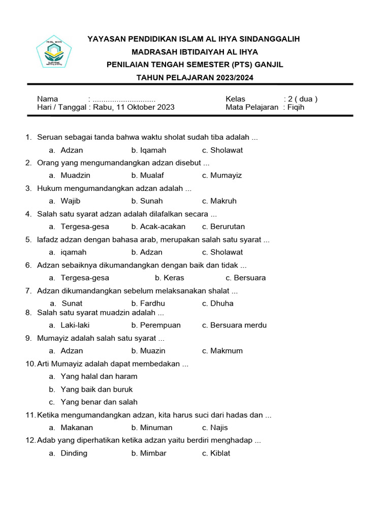 Mempersiapkan Diri Menghadapi PTS Fiqih Kelas 2 Semester 2: Panduan Lengkap dengan Contoh Soal