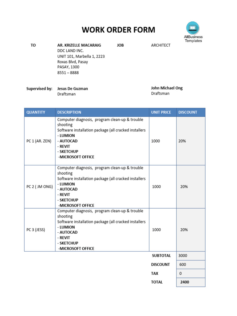 Work Order Form Template 3 PDF