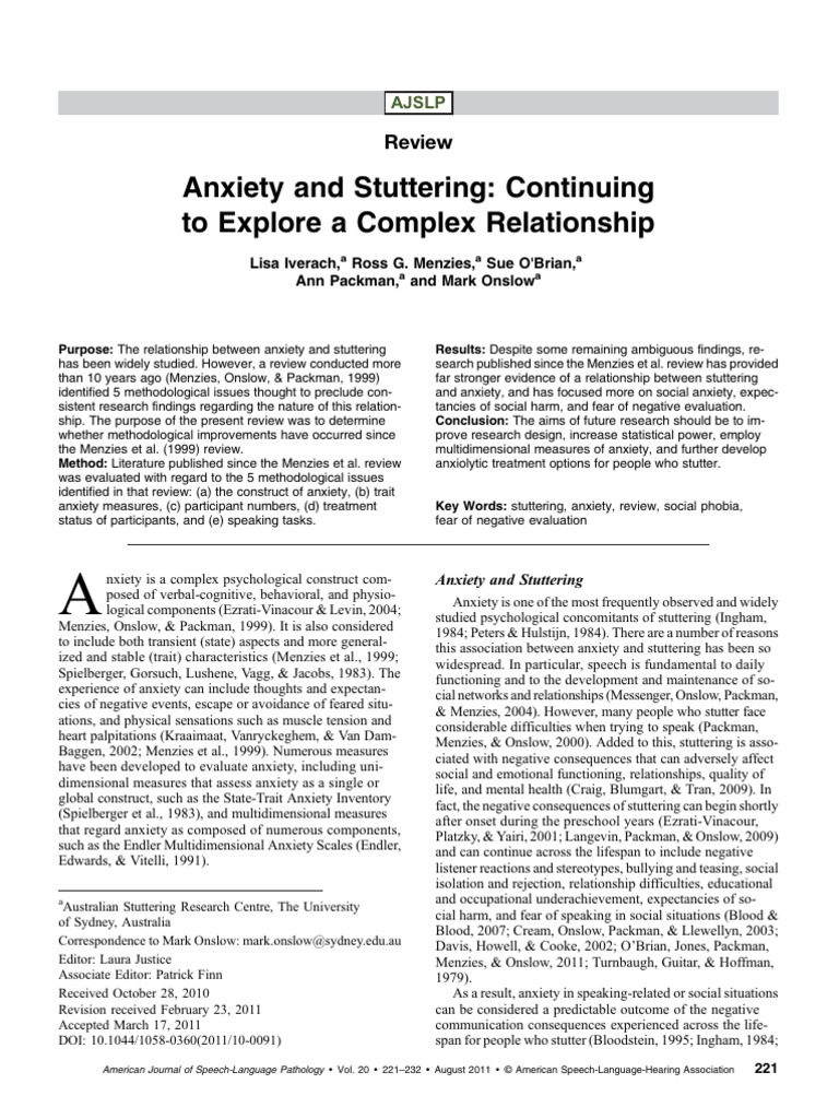 Anxiety and Stuttering Continuing To Explore A Complex Relationship PDF
