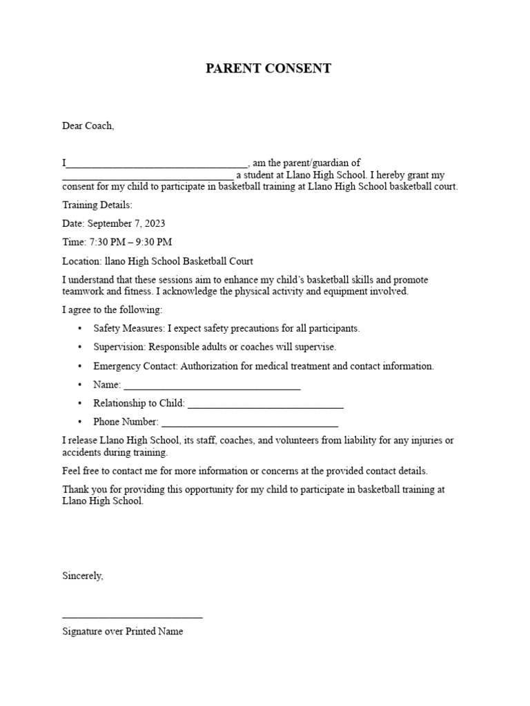PARENT CONSENT Basketball Selection | PDF
