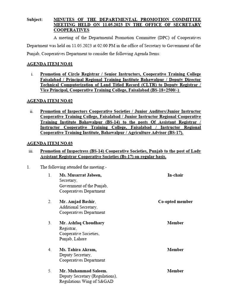 Minutes of Meeting PDF Pakistan