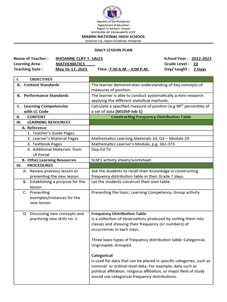 Grade 10 Math Daily Lesson Plan | PDF | Learning | Teachers