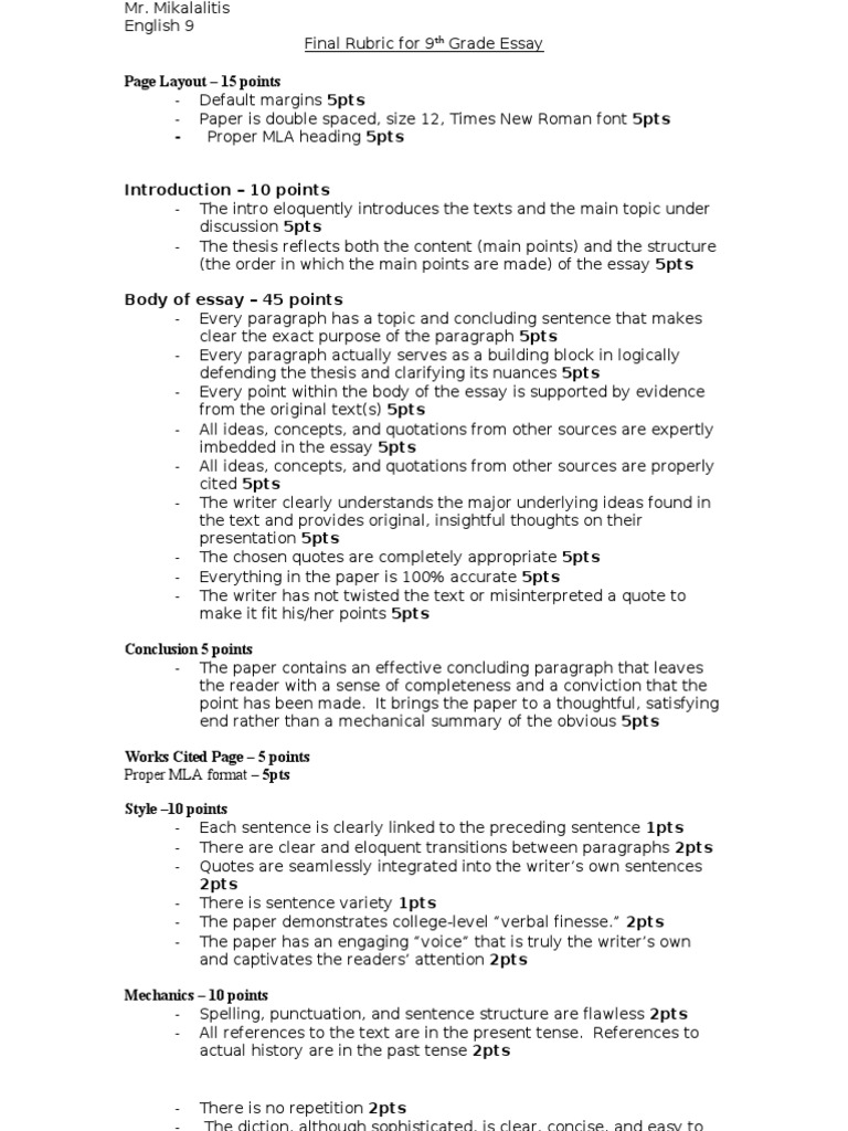 9th Grade Essay Grading Rubric | PDF | Language Arts & Discipline