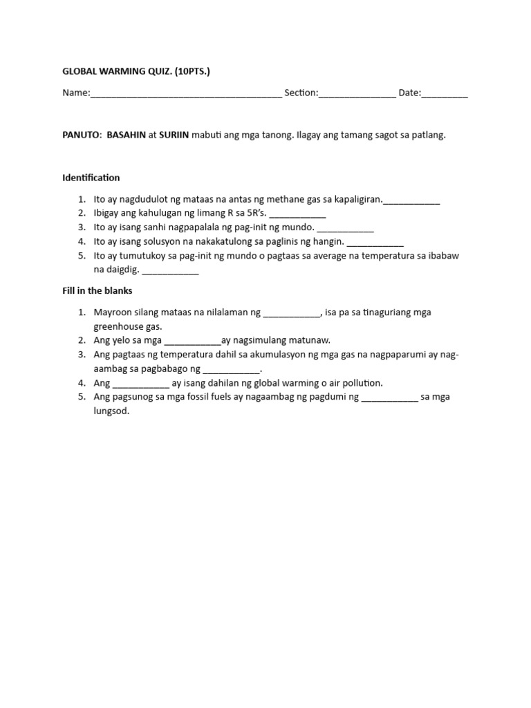 Global Warming Quiz Pdf