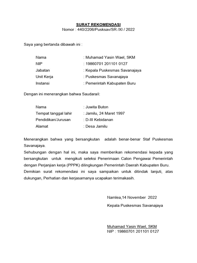Surat Rekomendasi PPPK | PDF