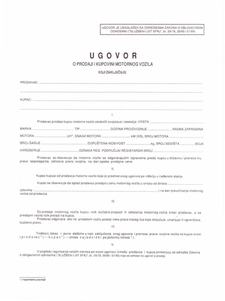 Kupoprodajni Ugovor Za Motorno Vozilo Online | PDF