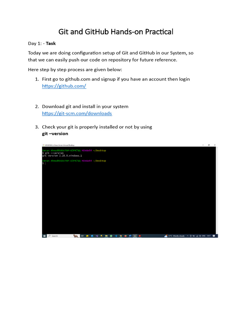 Git and GitHub Hands Day 1 Task | PDF