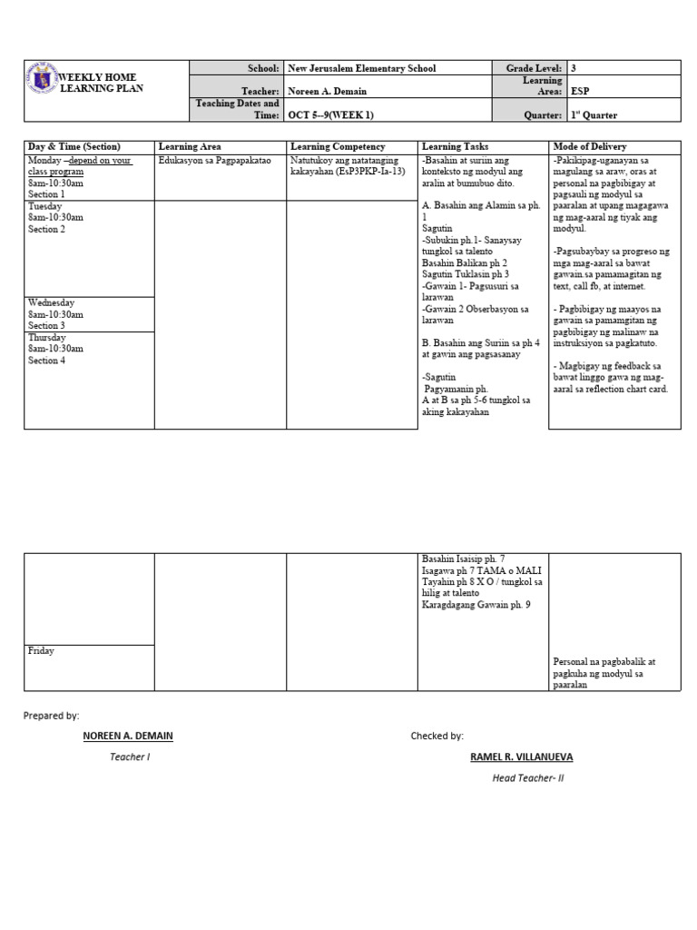 ESP Grade 3 Weekly Home Learning Plan - For Modular 1st Quarter-1st ...