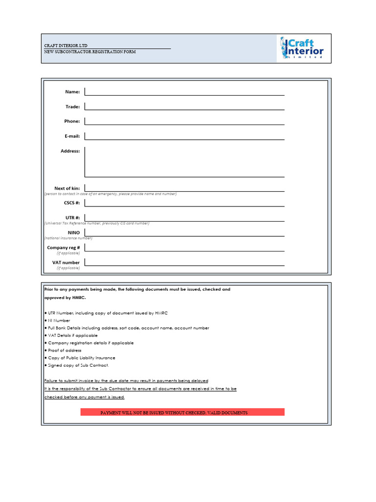 New Subcontractor Registration Form | PDF | Finance & Money Management ...