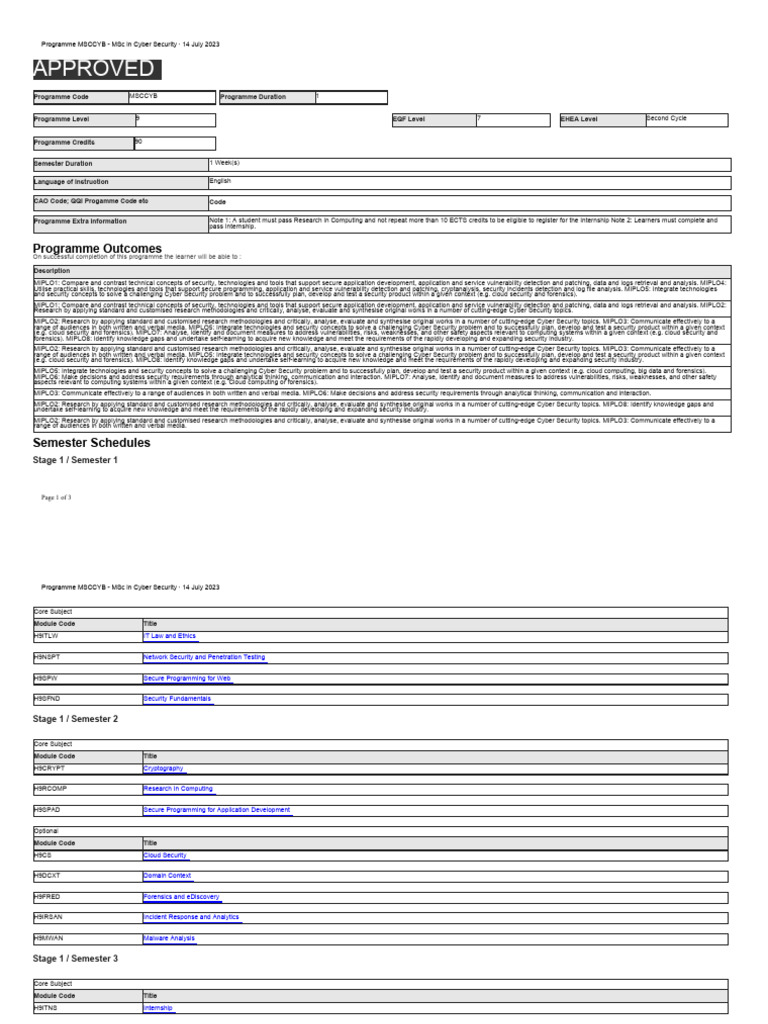 Programme MSCCYB - MSC in Cyber Security | PDF | Computers