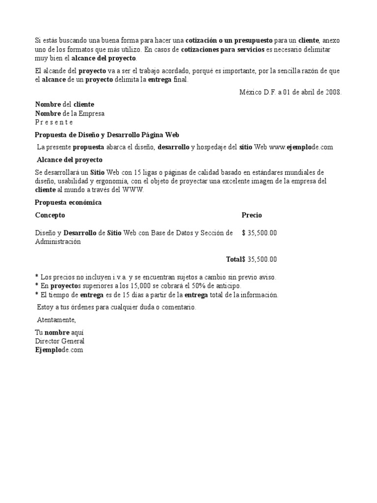 Ejemplo de Cotizacion Por Prestacion de Servicio