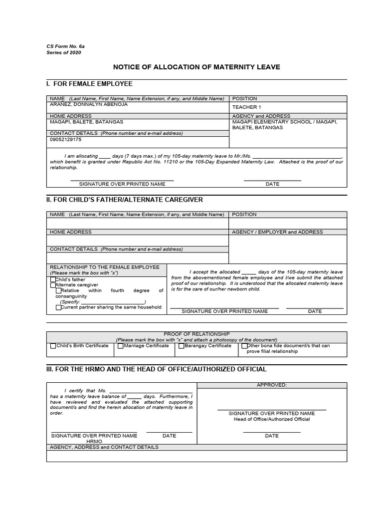 Maternity Leave Allocation Notice Form | PDF | Parental Leave | Employment