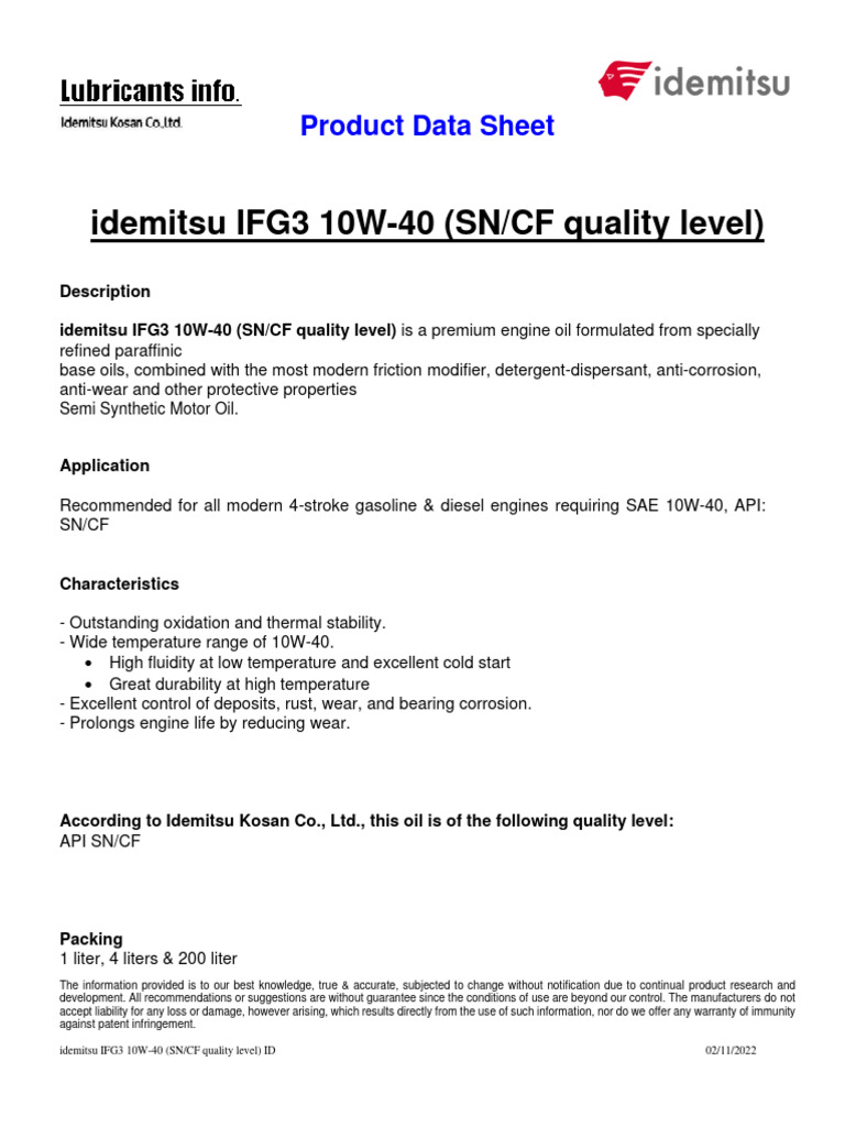 Idemitsu Ifg3 10w 40 SN CF Quality Level S S Id | PDF