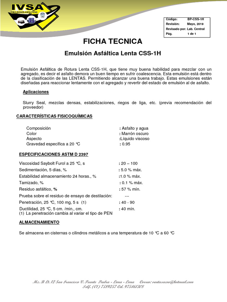 Ficha Tecnica Emulsion Asfaltica de Rotura Lenta CSS-1H | PDF