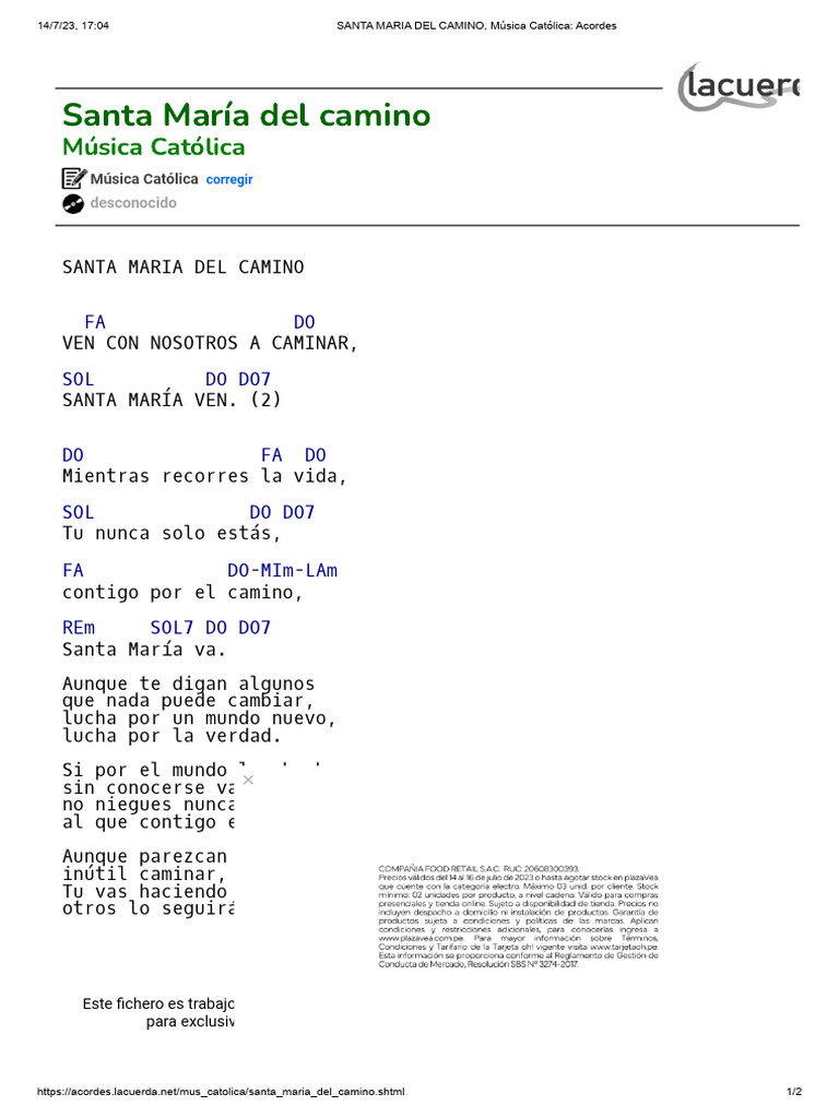SANTA MARIA DEL CAMINO, Música Católica_ Acordes | PDF