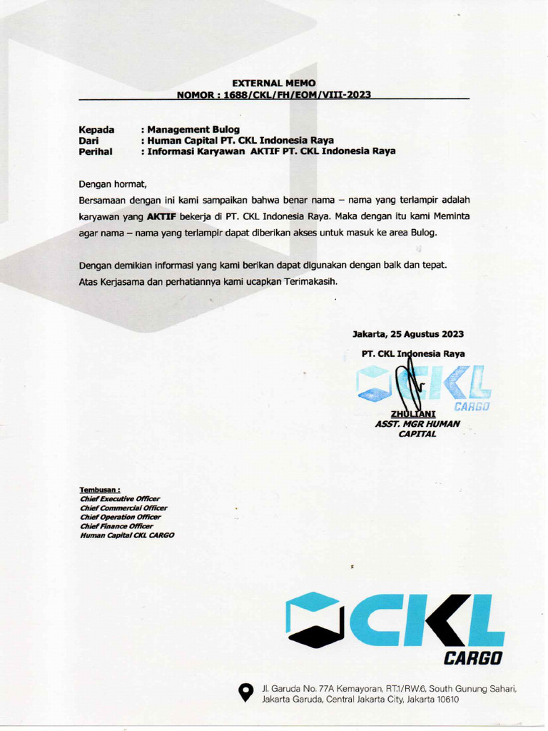 1688 - Ekstrenal Memo Informasi Karyawan Aktif PT CKL Indonesia | PDF