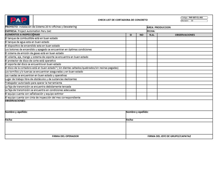 PAP-SST-CL-002 - Check List Cortadora de Concreto | PDF