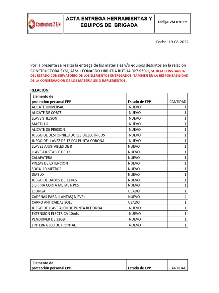 Acta de Entrega de Herramientas y Equipos | PDF | Herramientas | Bienes ...