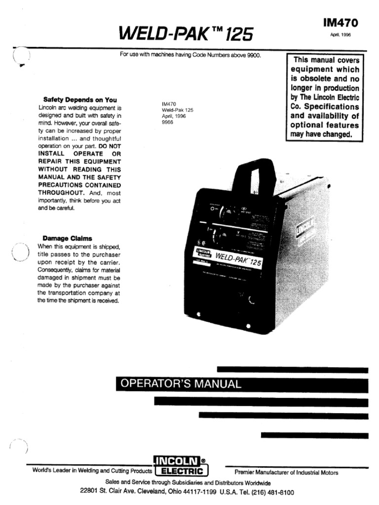 Lincoln Electric WeldPak 125 9966 Operator Manual PDF