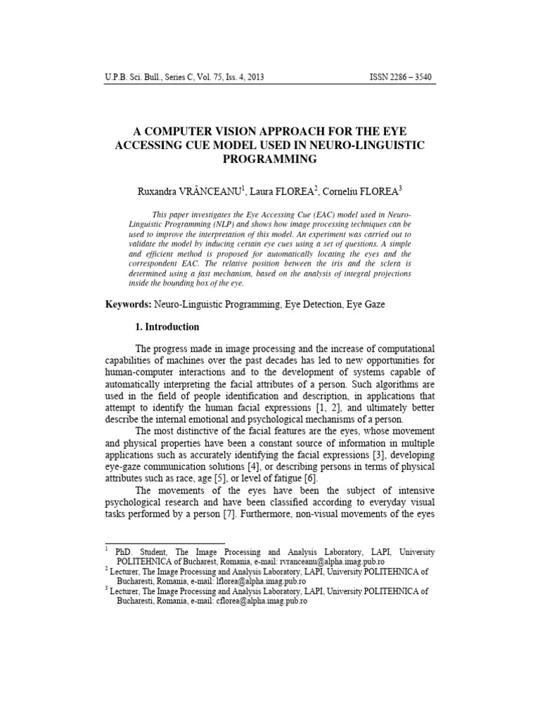 A computer vision approach for the eye accessing cue model used in