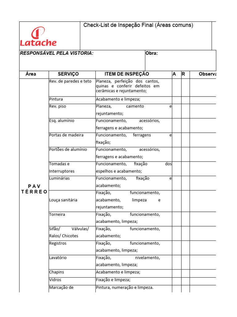 FORM. 08 V01 - Check-List de Inspeção Final (Áreas Comuns) | PDF