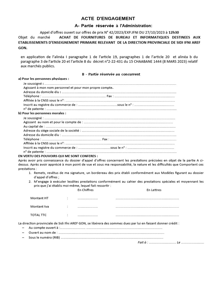 Acte D'engagement 42-2023 | PDF | Finance et gestion monétaire