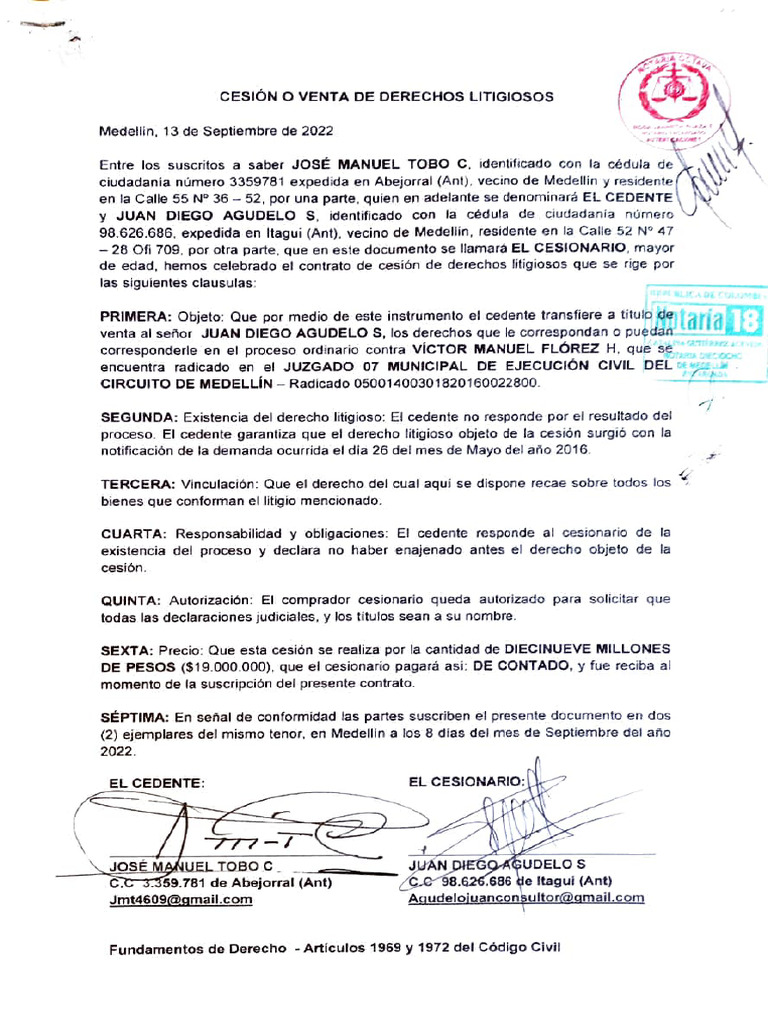 Contrato De Cesion De Derechos Litigiosos Descargar Gratis PDF 