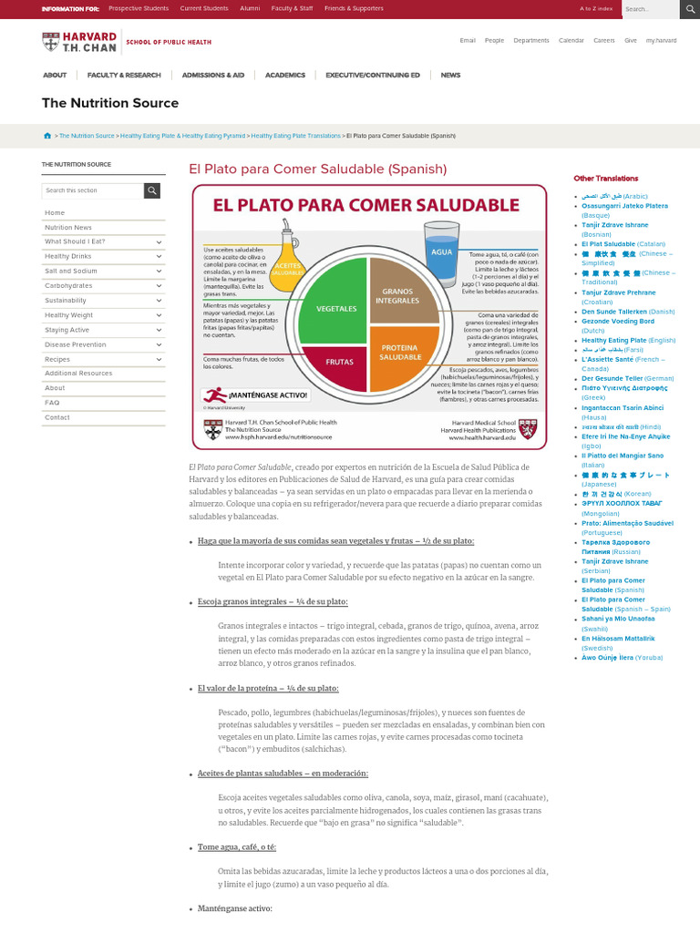 El Plato para Comer Saludable (Spanish), The Nutrition Source