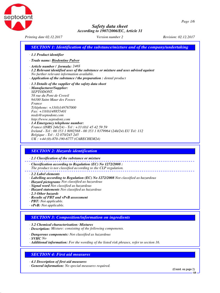 Biodentine Powder SDS | PDF | Science & Mathematics | Technology ...