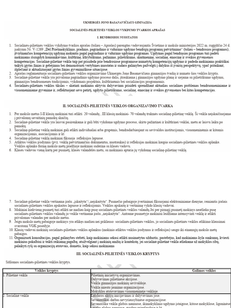 Socialine- Pilietine Veikla j. Basanaviciaus Gimnazija | PDF