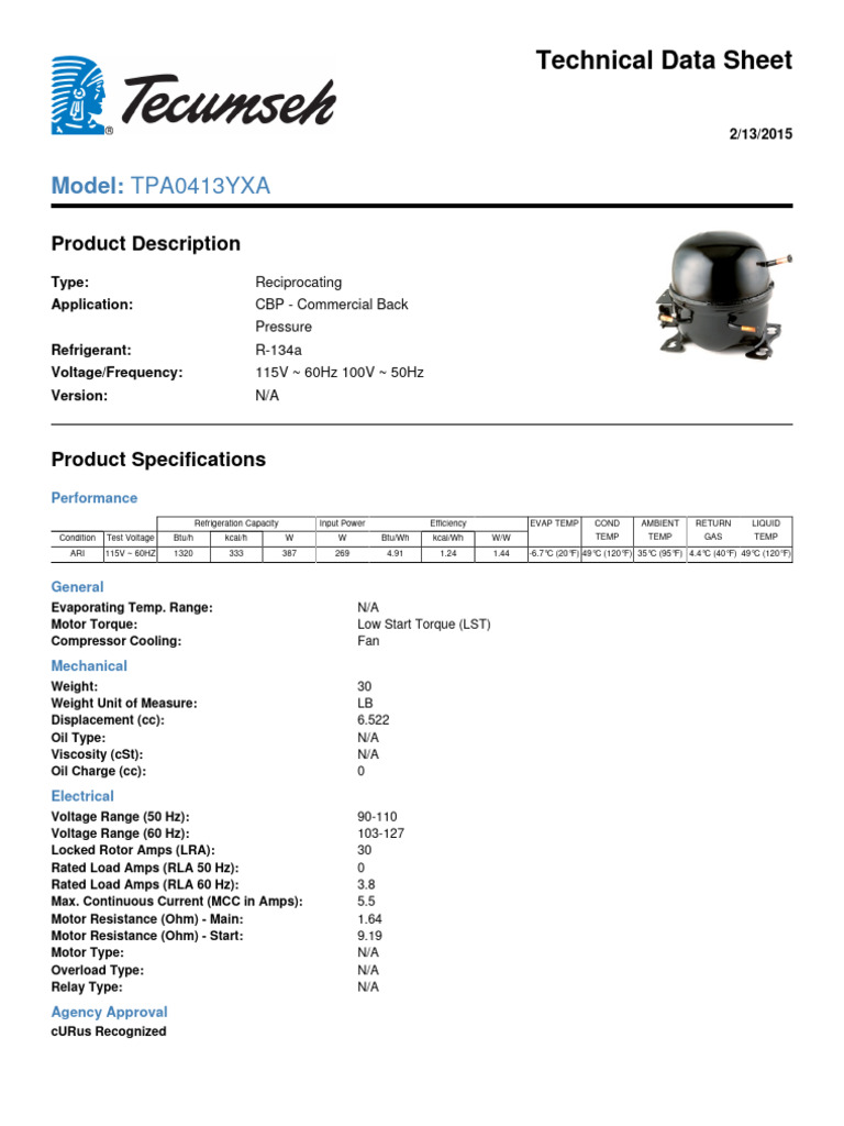 TPA0413YXA Compressor Technical Data | PDF | Electric Motor | Applied ...
