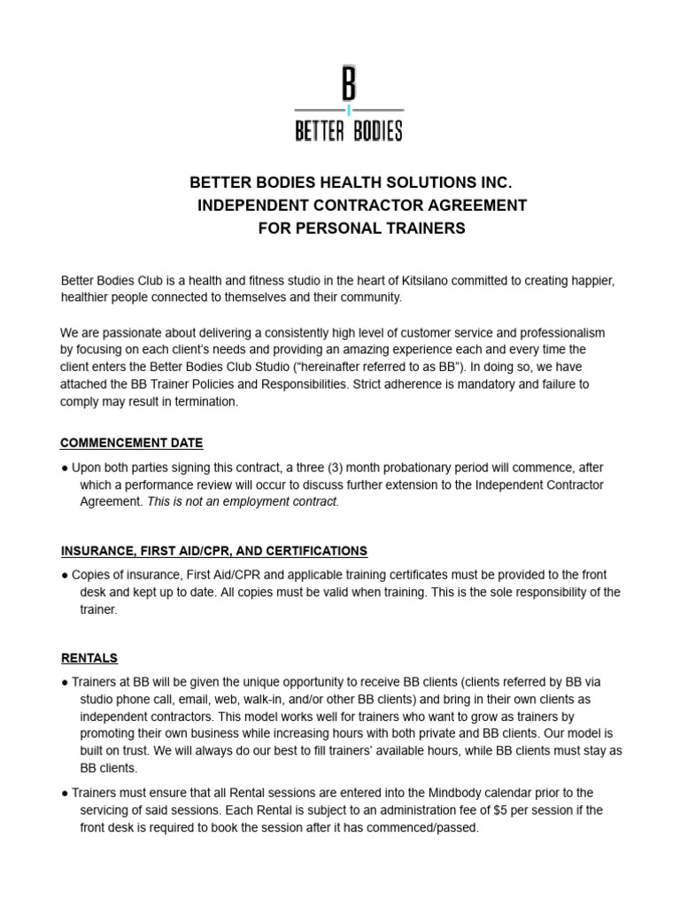 Better bodies health solutions independent contract agreement