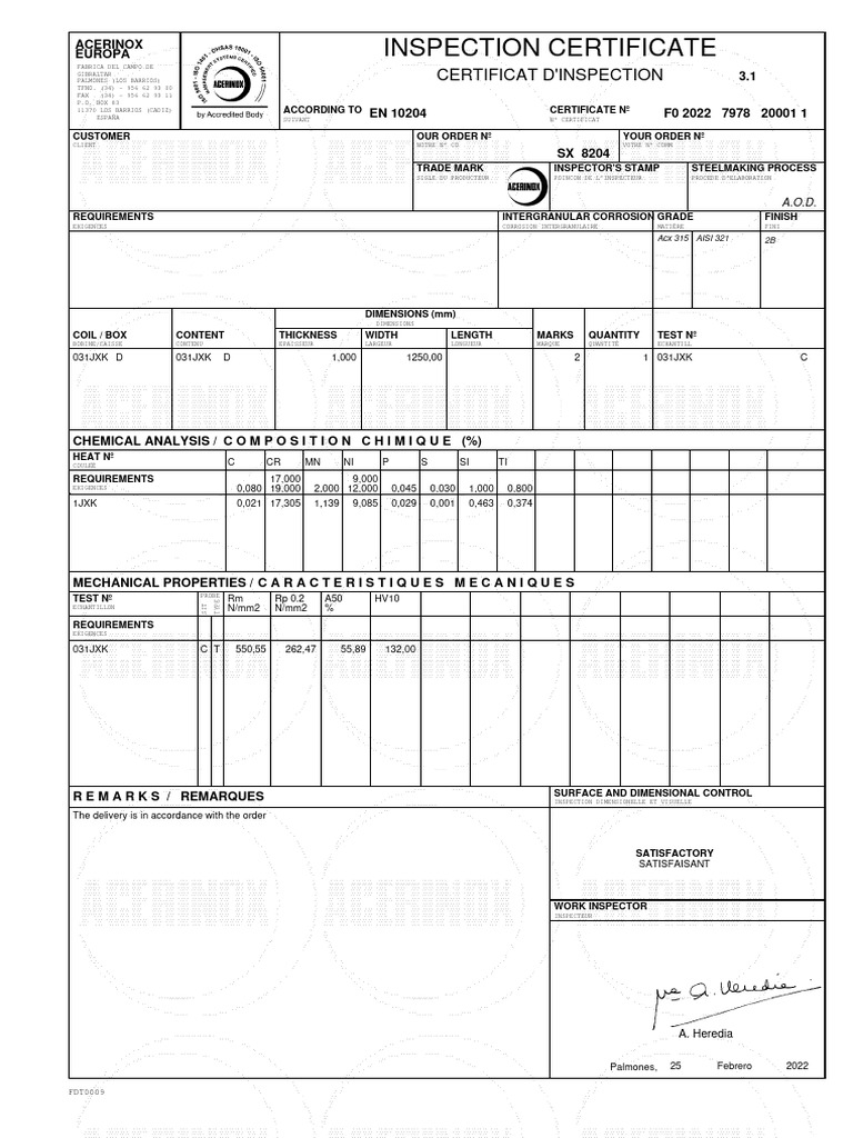 AISI 321 2B Sheet 1.0x1250x2500 Acerinox Spain | PDF