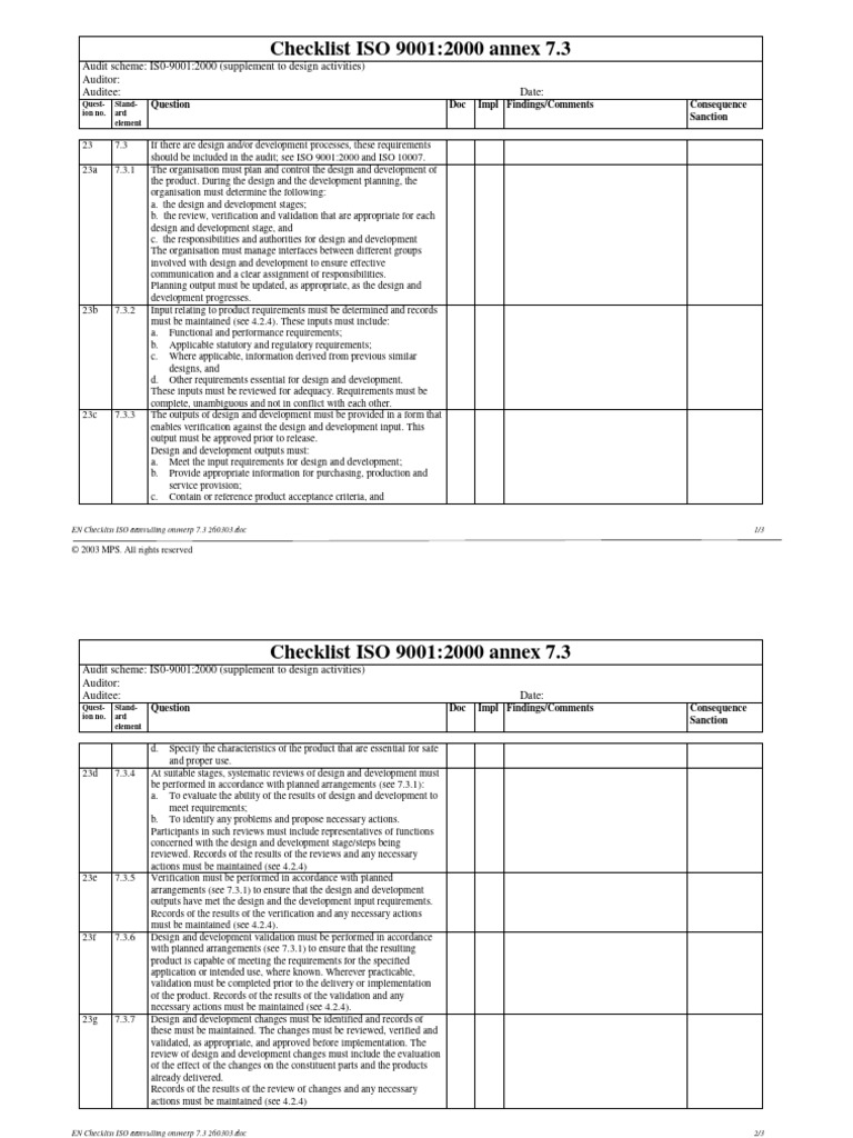 ISO 9001:2000 Design Audit Checklist | PDF | Audit | Information ...