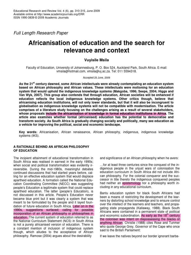 Africanisation of Education in South Africa | PDF