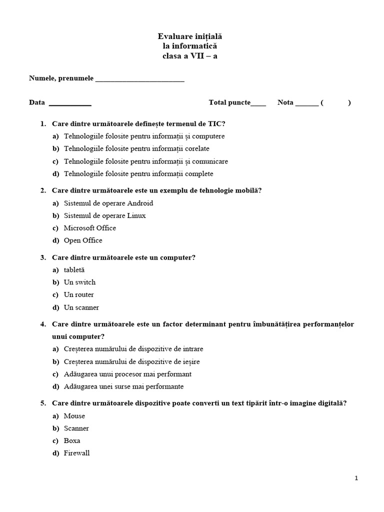 Evaluare Initiala La Informatica Clasa A 7 A | PDF