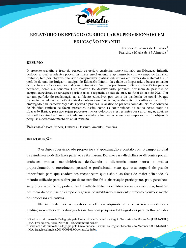Relatório de Estágio Curricular Obrigatório | PDF | Pré-escola | Pedagogia