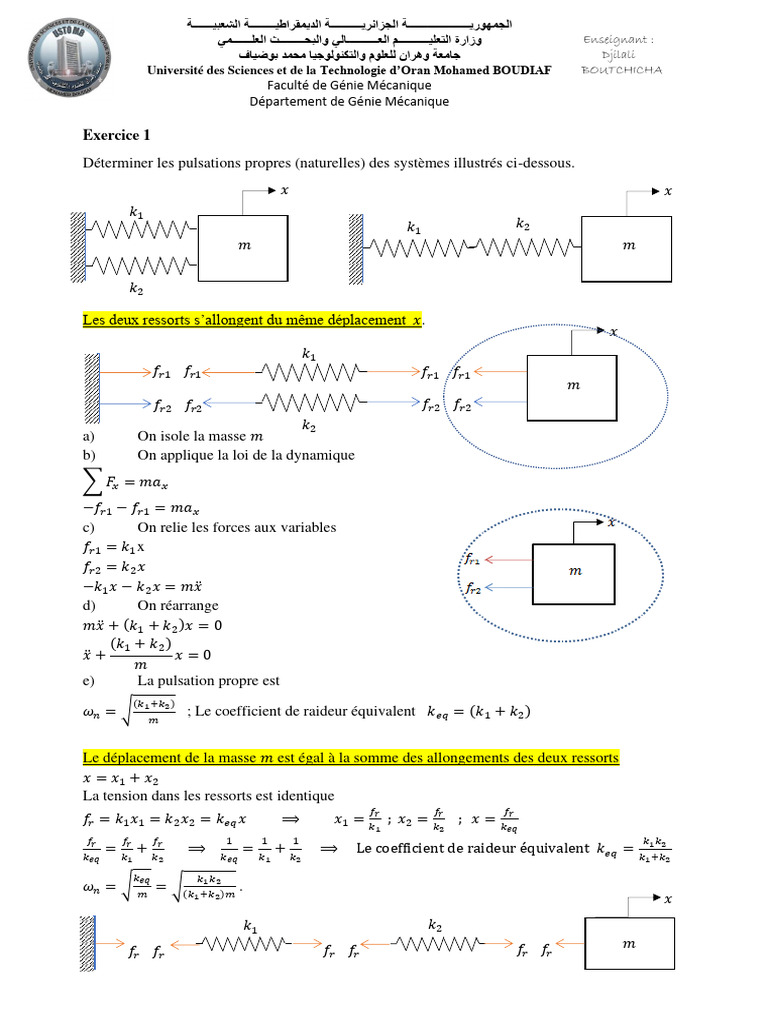 Pulsations propres des systèmes masse-ressort | PDF