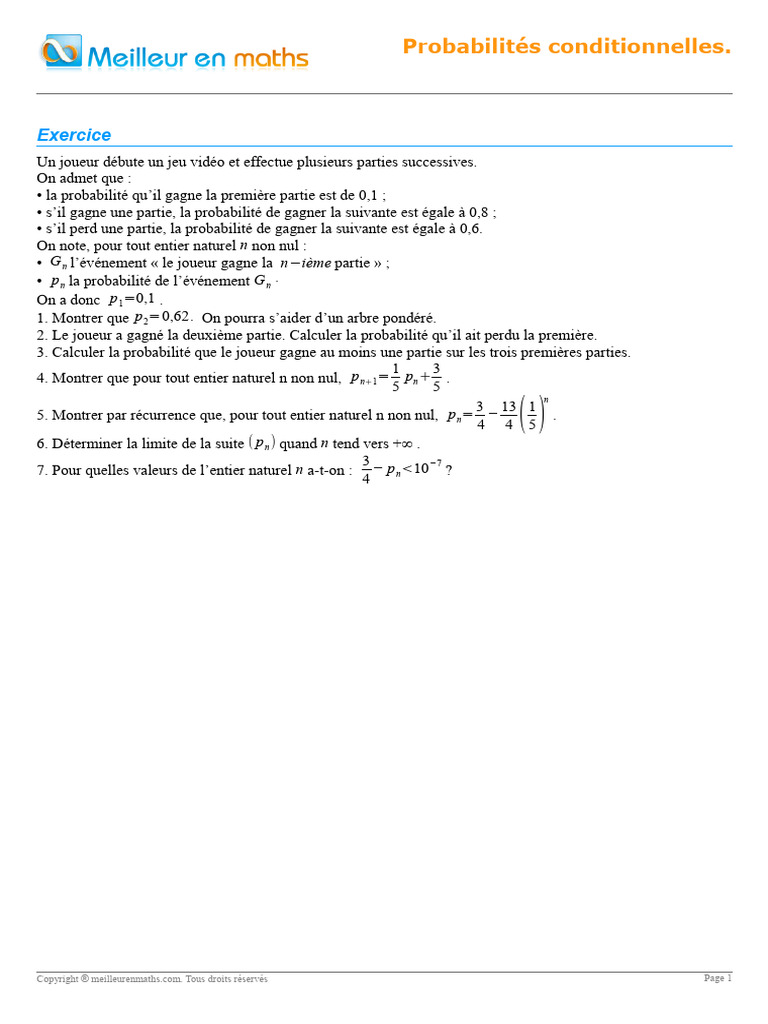 Probabilites Conditionnelles Exercice 4 | PDF | Méthodes et références ...