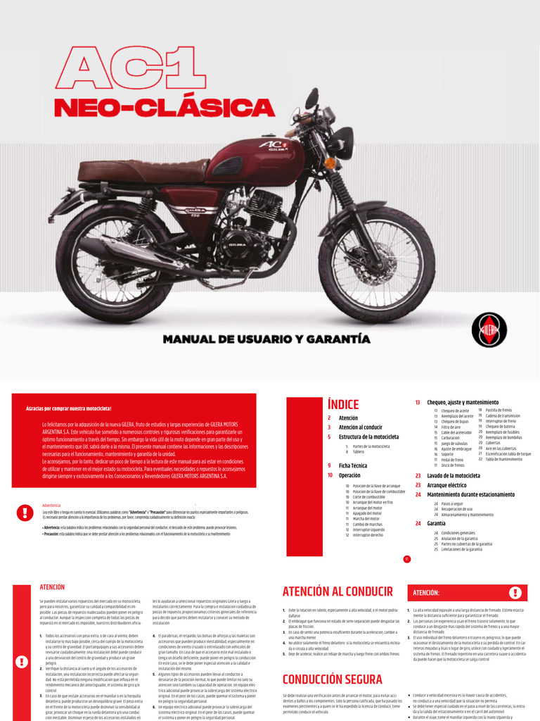 Manual de Usuario Gilera AC1 150 | PDF | Motocicleta | Carburador