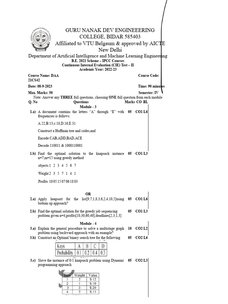 DAA CIE Test II 2022-23, IV Sem | PDF | Theoretical Computer Science ...