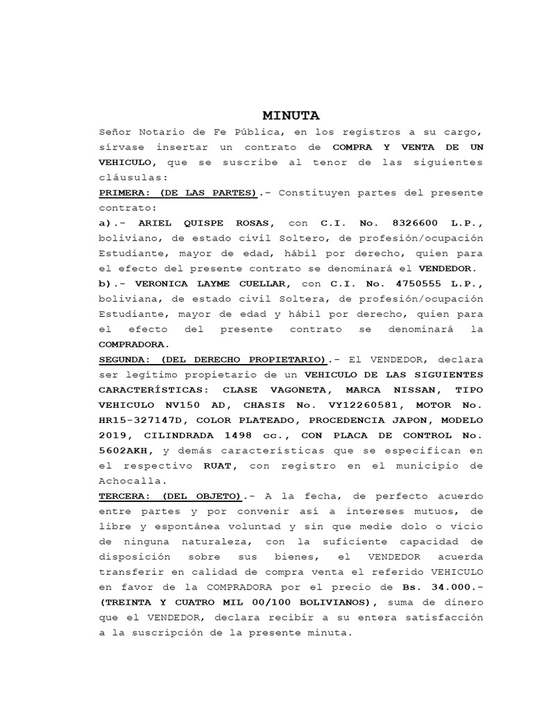 Minuta Compra Venta Vehiculo Pdf