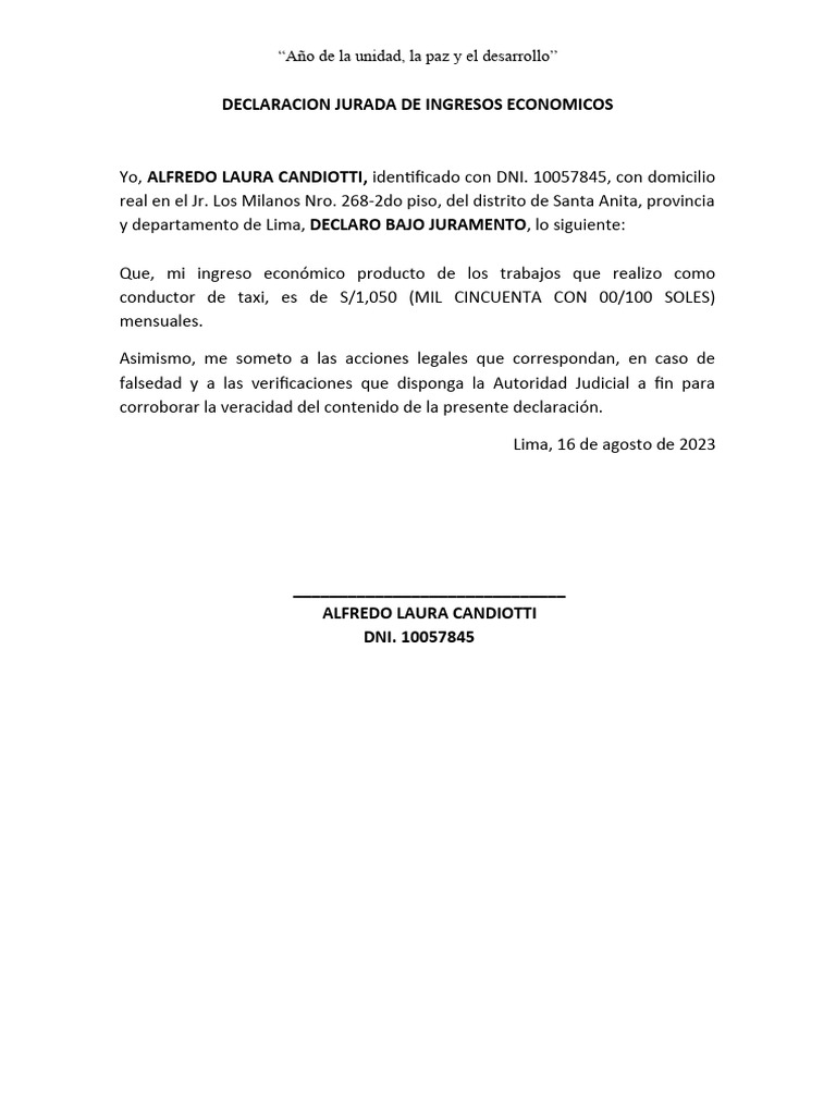 Declaracion Jurada de Ingresos Economicos Wilfredo Laura | PDF