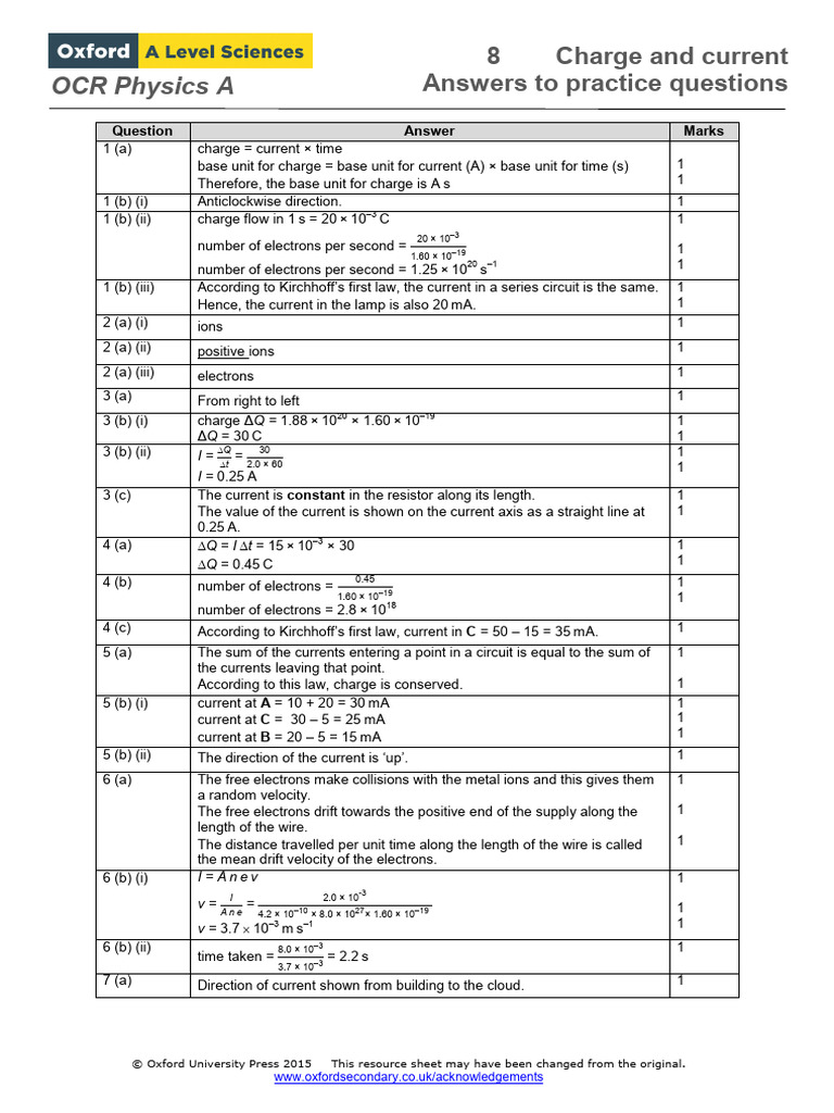 OCR A Level Physics Charge & Current Answers | PDF | Electric Current ...
