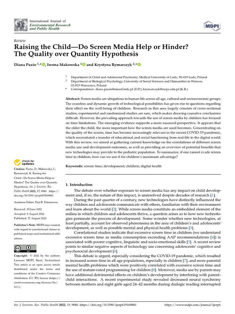 Raising the child do screen media help or hinder the quality over