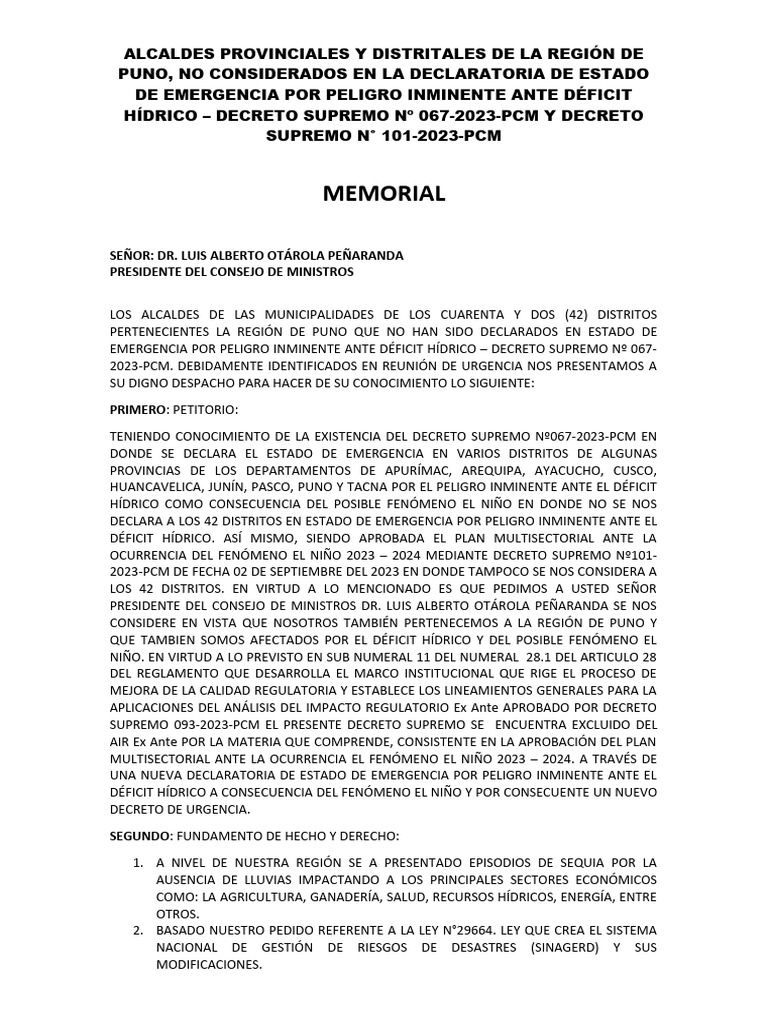Memorial de Los Distritos No Declarados en Estado de Emergencia Por ...